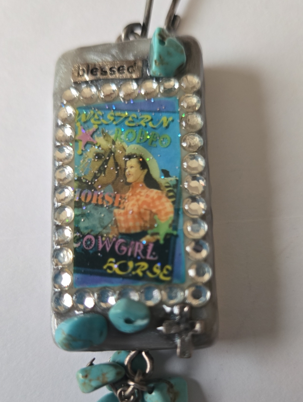 Cowgirl Bling, Blessed Turquoise Western Cowgirl Pendant Necklace, Dice On Back!